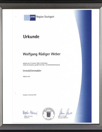 IHK-Zertifikat von Immobilienmakler Wolfgang Weber